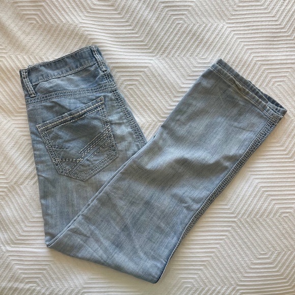BKE Men's 30R Jake Straight Jeans Faded Light Blue Denim Stretch White Stitch - Picture 2 of 15